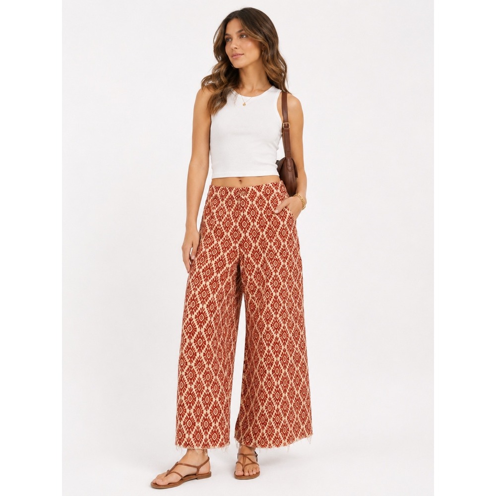 Zara Wide Leg Pants Womens Size 6 Red Geometric Print Raw Hem Boho Trousers